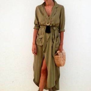 Tie Waist Split Maxi Dress/Shirt With Pockets XS